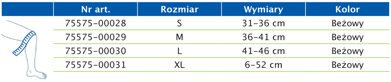 Tabela rozmiarów przedstawiająca wymiary opaski na kolano Actimove Everyday Supports z zamkniętą rzepką i 2 fiszbinami Tabela rozmiarów przedstawiająca wymiary opaski na kolano Actimove Everyday Supports z zamkniętą rzepką i 2 fiszbinami